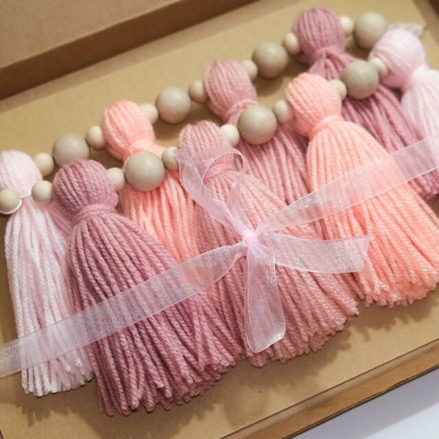 Tassel Garland - Custom Nursery Decor Bunting Wall Hanging Boho Yarn Pink Shelf - image 1