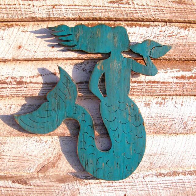 Mermaid Decor Wooden Coastal Sitting Wall Art For Her Conch Shell Beach House Living Outdoor - image 1