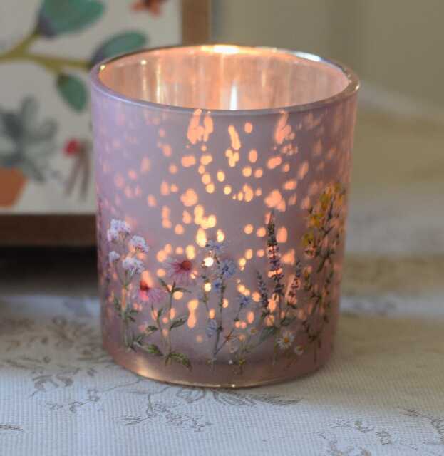 Pink Wild Meadow Glass Candle Holder, Embossed Floral Design - image 1