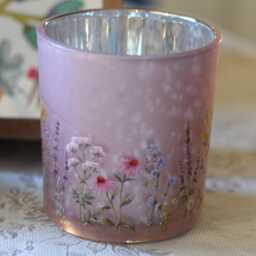 Pink Wild Meadow Glass Candle Holder, Embossed Floral Design - thumbnail 2