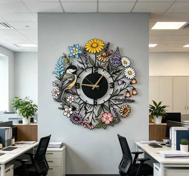 Personalized Chickadee Bird Metal Wall Clock, Colorful Wildflower Art, Botanical Home Sign, Century Clock, Unique Clock, Wanduhr, Horloge - image 1