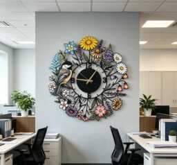 Personalized Chickadee Bird Metal Wall Clock, Colorful Wildflower Art, Botanical Home Sign, Century Clock, Unique Clock, Wanduhr, Horloge - thumbnail 1