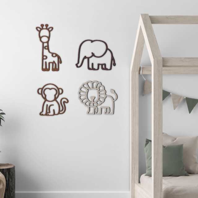 Wooden Safari Animal Wall Art Set - Bedroom Decor Elephant Giraffe Themed Kids Room Monkey Nursery Lion - image 1