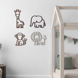 Wooden Safari Animal Wall Art Set - Bedroom Decor Elephant Giraffe Themed Kids Room Monkey Nursery Lion - thumbnail 1
