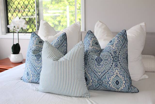 Blue Damask Cushion Hampton's Style Pillow, Coastal Hamptons Decor Cushions, & Duck Egg Blue, No Tariff Charges For Us Customers - image 1