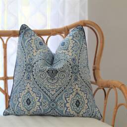 Blue Damask Cushion Hampton's Style Pillow, Coastal Hamptons Decor Cushions, & Duck Egg Blue, No Tariff Charges For Us Customers - thumbnail 3