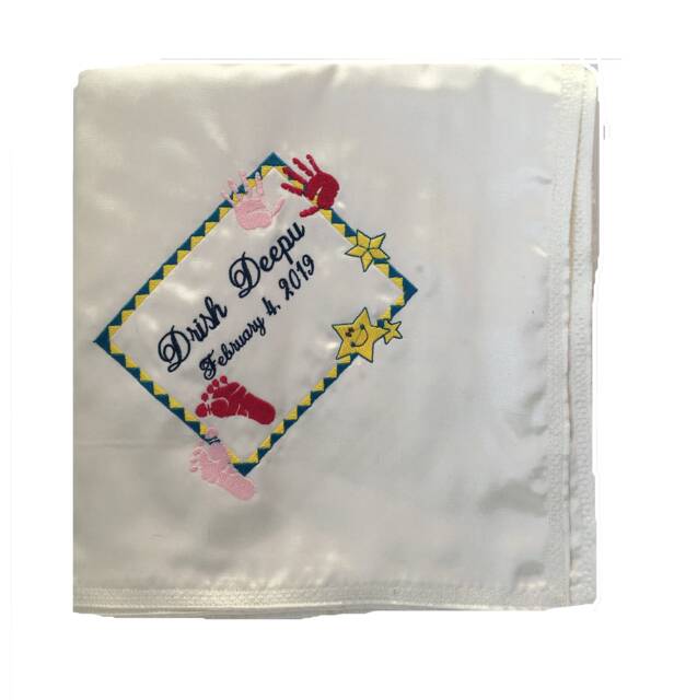 Two Sided Satin Baby Blanket - Embroidered & Personalized With Hands Feet Motif