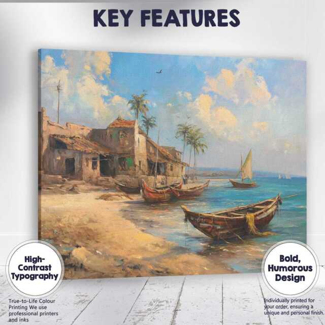 Mediterranean Tropical Fishing Village Wooden Boats Seascape Canvas Wall Art Print Decor Picture Ready To Hang - image 1