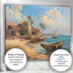 Mediterranean Tropical Fishing Village Wooden Boats Seascape Canvas Wall Art Print Decor Picture Ready To Hang - thumbnail 3