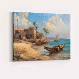 Mediterranean Tropical Fishing Village Wooden Boats Seascape Canvas Wall Art Print Decor Picture Ready To Hang - thumbnail 4