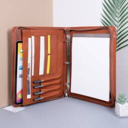 3R Binder Personalized Brown Pu Leather Portfolio, A4 Business Document Storage For Men, Custom Notepad Folder With Zipper, Gifts Boyfriend - thumbnail 2
