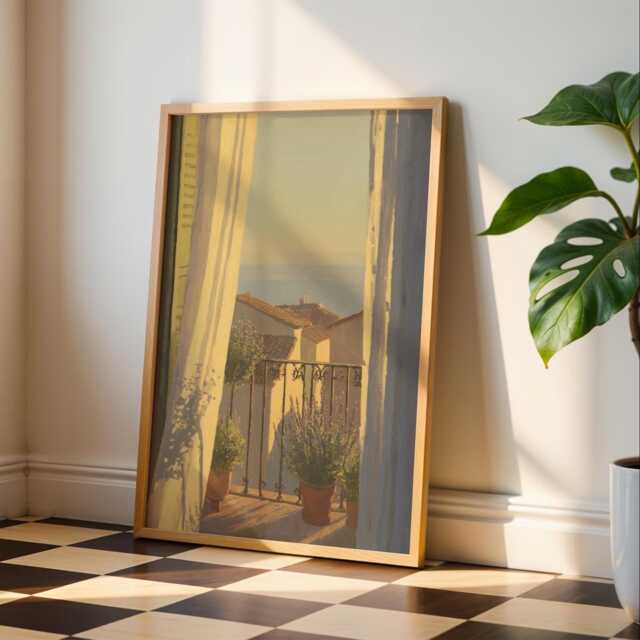 Mediterranean Balcony View Wall Art Print - Seaside Window Poster With Lavender, European Summer Home Decor, Sunlit Coastal Landscape - image 1