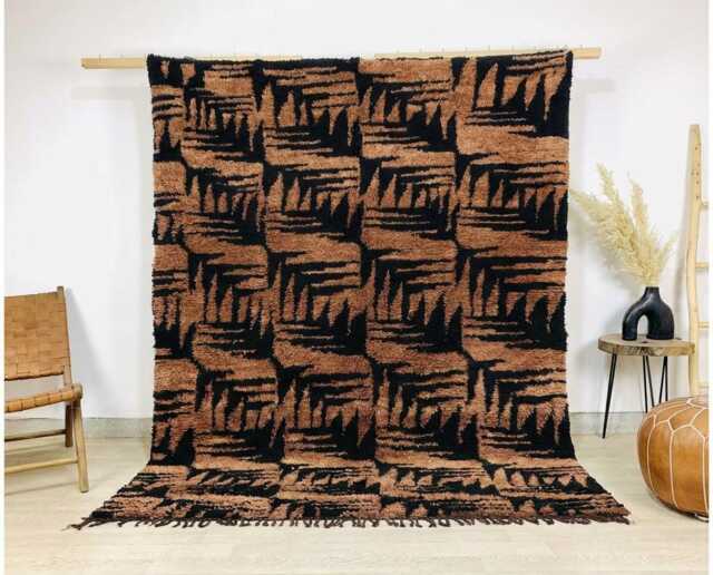 Black Geometric Rug, Rust Maze Moroccan Berber Carpet, Large Area Shag Modern Abstract Decor, Custom Handmade Wool Mat - image 1