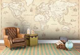 3D World Map Wallpaper, Old Parchment Wall Mural, Removable Wallpaper - thumbnail 1