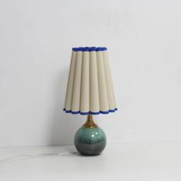 Handmade Scallop Fabric Lamp Khaki Shade, Blue Trim, Ceramic Base