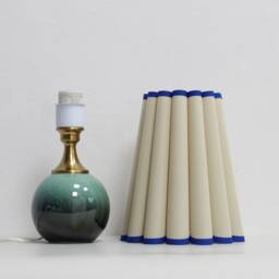 Handmade Scallop Fabric Lamp Khaki Shade, Blue Trim, Ceramic Base - thumbnail 2