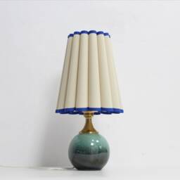 Handmade Scallop Fabric Lamp Khaki Shade, Blue Trim, Ceramic Base - thumbnail 3