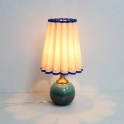 Handmade Scallop Fabric Lamp Khaki Shade, Blue Trim, Ceramic Base - thumbnail 4