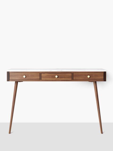 Mid-Century Modern Walnut Console Table, Marble Top, Brass Accents - image 1