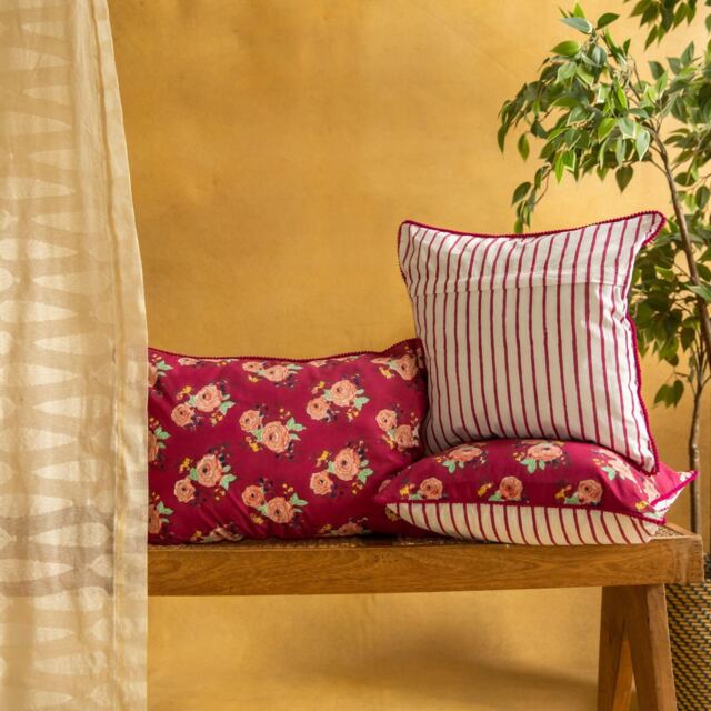 Dark Red Kentish Rose Blockprinted Cushion Cover, Cushions, Cushions Cover Usa, Red Cushion Cover, Christmas Gift, For Bedroom - image 1