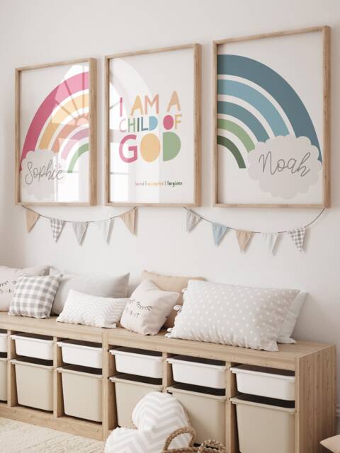 Set Of 3, I Am A Child God Print, Christian Wall Art, Girls Nursery Prints, Bedroom Decor, Playroom, Scripture Bible Verse, Rainbow - image 1