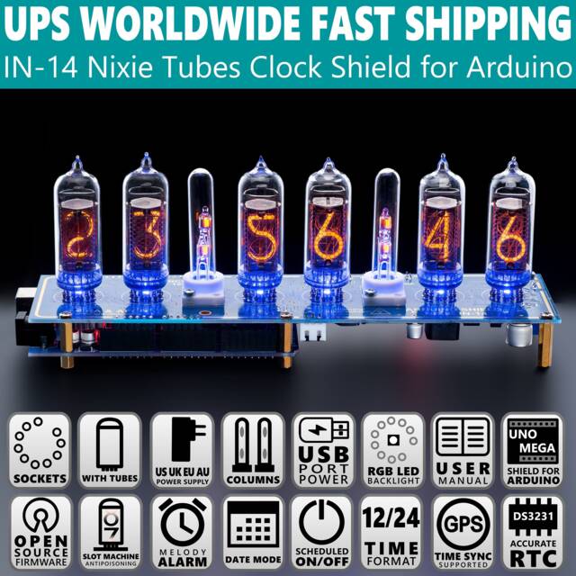 Nixie Tubes Clock In-14 Arduino Shield Gps Temp. Sensor Remote With Sockets For Boyfriend, Husband, Vintage, Glowing Clock, Gift, Steampunk - image 1