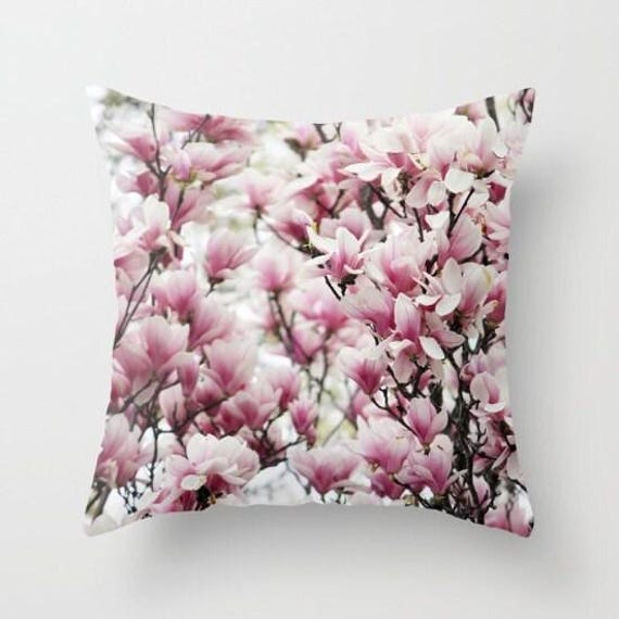 Magnolia, Pillow Home Decoration, Flowering Tree, Pink, White, Black, Floral Pillow, Country Living, Interior Design, Spring Pillow - image 1