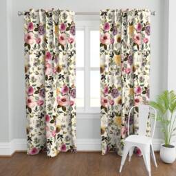 Autumn Flowers Curtain Panel - Floral Fall Watercolor Botanical Boho Roses Custom Cambridge Florals Light Tan By Shopcabin - thumbnail 2
