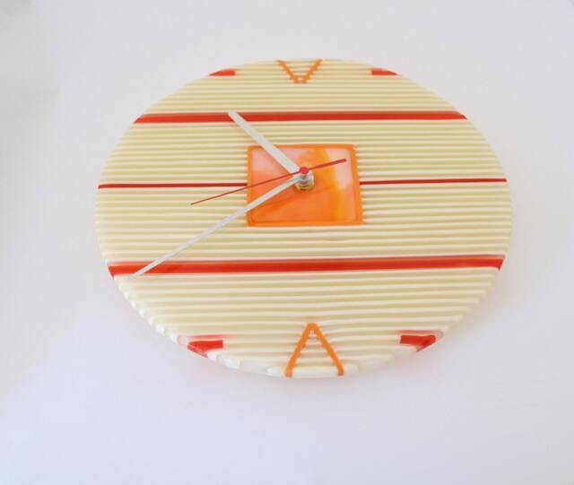 Fused Glass On-Edge Clock in Ivory-Red-Orange. On-Edge Strip Construction - image 1