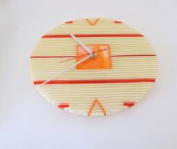 Fused Glass On-Edge Clock in Ivory-Red-Orange. On-Edge Strip Construction - thumbnail 1