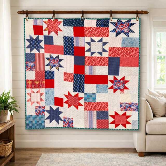 Galactic Melodies Quilt Pattern PDF - Patriotic Star Red White Blue Patchwork Large Throw Bed - 82x98 - image 1