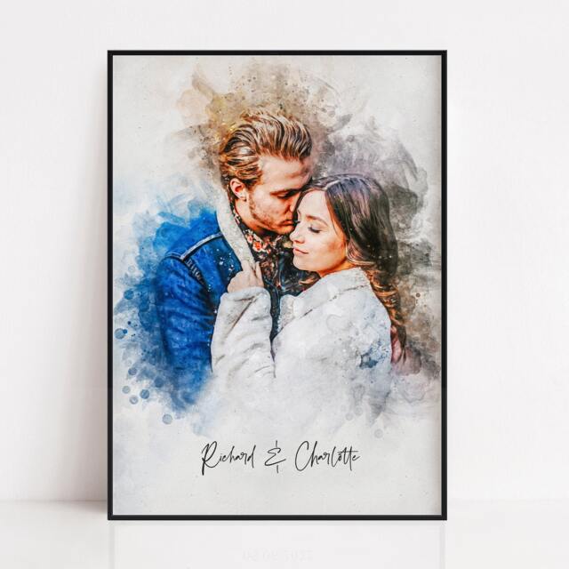 Watercolor Couple Portrait, Custom Personalised Illustration From Photo, Boyfriend Girlfriend Gift, Valentines Day Gift For Her Him, Print - image 1