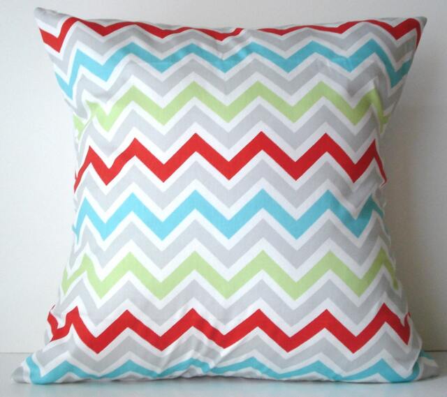 New 18x18 Inch Designer Handmade Pillow Case in Green, Red, Blue, Grey & White Chevron