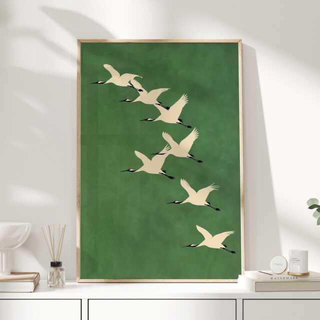 Flying Cranes Art Print - Green Wall Minimal Bird Illustration Japanese Inspired Calm Statement - image 1