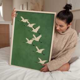 Flying Cranes Art Print - Green Wall Minimal Bird Illustration Japanese Inspired Calm Statement - thumbnail 3