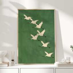 Flying Cranes Art Print - Green Wall Minimal Bird Illustration Japanese Inspired Calm Statement - thumbnail 1