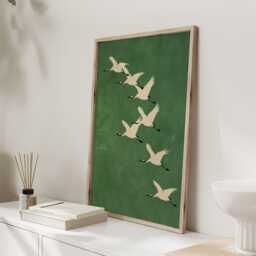 Flying Cranes Art Print - Green Wall Minimal Bird Illustration Japanese Inspired Calm Statement - thumbnail 2