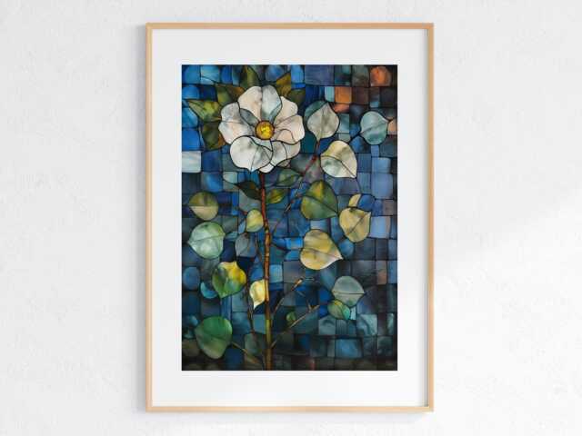 stained Glass Flower Art Print Floral Mosaic Blue Botanical Nature Wall Decor Digital Download - image 1