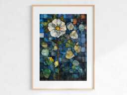 stained Glass Flower Art Print Floral Mosaic Blue Botanical Nature Wall Decor Digital Download