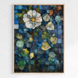 stained Glass Flower Art Print Floral Mosaic Blue Botanical Nature Wall Decor Digital Download - thumbnail 2