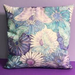 Butterfly & Flowers Cushion in Blue, Lilac, White - Pretty Accent Pillow Decorative Throw Settee Sofa - thumbnail 1