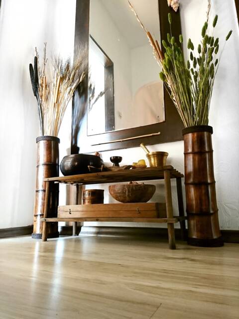 Large Floor Vase Made Of Bamboo Wood - Tall Rustic Modern Design Dried Flowers Boho Lake House Decor - image 1