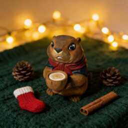 Whimsical Hand-Carved Wooden Groundhog Figurine, Cute Woodchuck Holding Bowl Decor, Cozy Woodland Animal Desk Pet, Nature Lover Gift - thumbnail 4