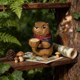 Whimsical Hand-Carved Wooden Groundhog Figurine, Cute Woodchuck Holding Bowl Decor, Cozy Woodland Animal Desk Pet, Nature Lover Gift - thumbnail 1