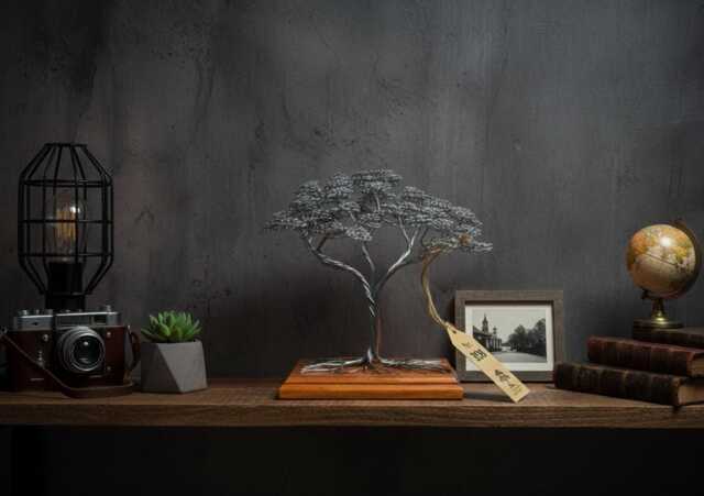 Engraved Metal Bonsai Tree Handmade Steel Wire Sculpture - image 1