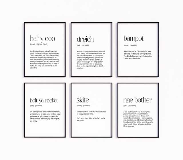 Scottish Word Art Print Set Of 6 - Funny Scots Slang Wall Decor, Bampot, Hairy Coo, Dreich & More, Gifts, Unframed Prints - image 1