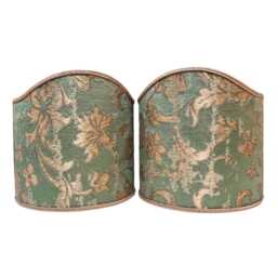 Pair Of Clip-On Wall Sconce Shield Shades Green & Gold Rubelli Silk Jacquard Les Indes Galantes Pattern Mini Lampshade - Handmade in Italy