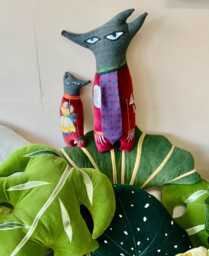 Folk Wolf Shaped Animal Folk Art Plush Toy Cushion /Pillow Handmade Using Red Repurposed Cotton Velvet /Silk Tie . Sustainable Gift - thumbnail 1