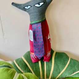 Folk Wolf Shaped Animal Folk Art Plush Toy Cushion /Pillow Handmade Using Red Repurposed Cotton Velvet /Silk Tie . Sustainable Gift - thumbnail 2