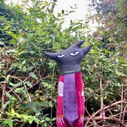 Folk Wolf Shaped Animal Folk Art Plush Toy Cushion /Pillow Handmade Using Red Repurposed Cotton Velvet /Silk Tie . Sustainable Gift - thumbnail 3
